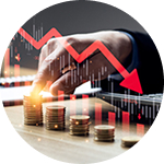 Hand placing a coin onto a stack of coins against a red downward trend line background.